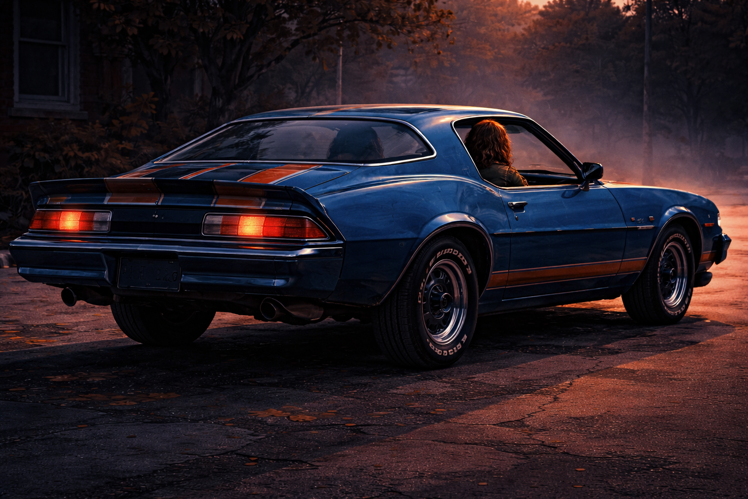 1979 Chevrolet Camaro Z28 silhouette inspired by Billy Hargrove from Stranger Things, classic 1980s muscle car