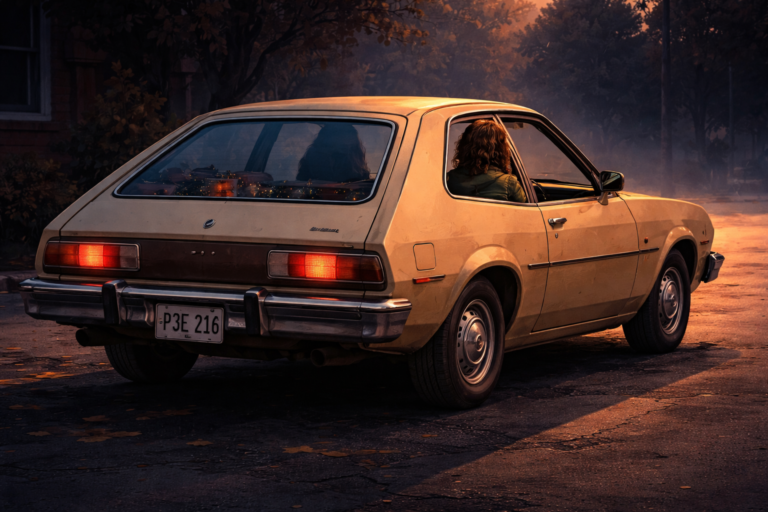 1970s Ford Pinto silhouette car inspired by Joyce Byers from Stranger Things, 1980s nostalgic hatchback vehicle