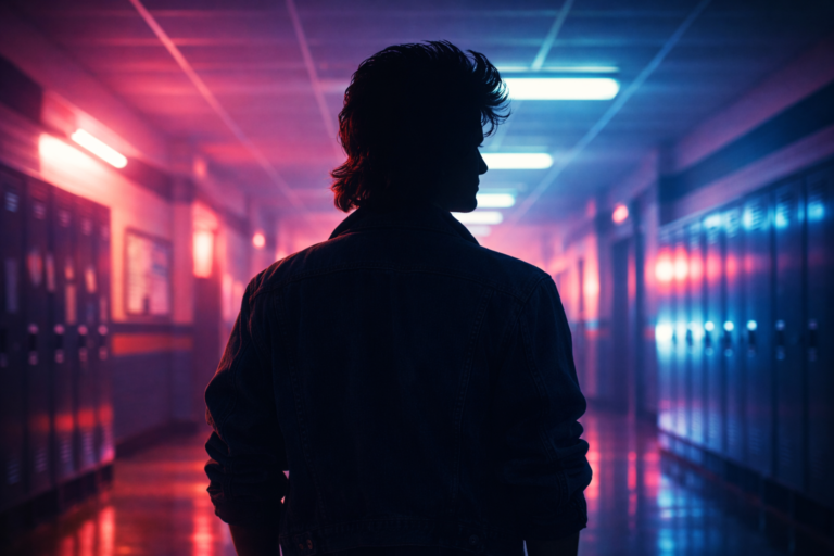 Silhouette of a teenage boy in a neon 1980s high school hallway inspired by Stranger Things