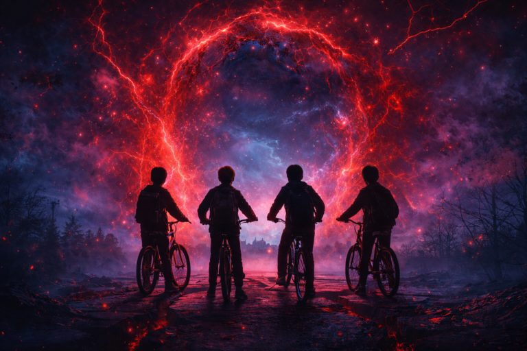 silhouettes of boys on bicycles facing a glowing mysterious portal in a dark forest