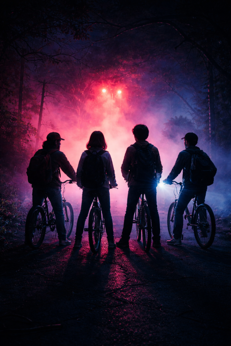 Group of teenage kids on bicycles in a neon 1980s sci-fi environment inspired by Stranger Things