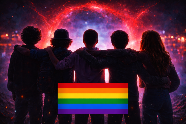 silhouettes of teenagers standing together in front of a glowing portal with rainbow flag