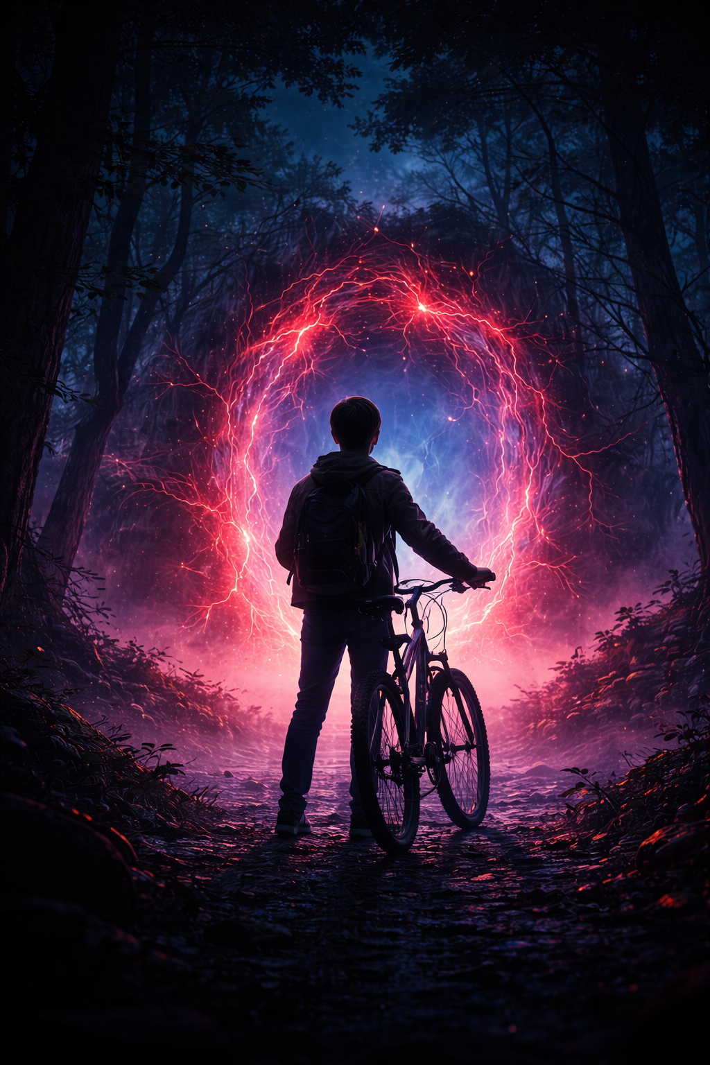 silhouette of a teenage boy with bicycle facing a mysterious portal in a dark forest