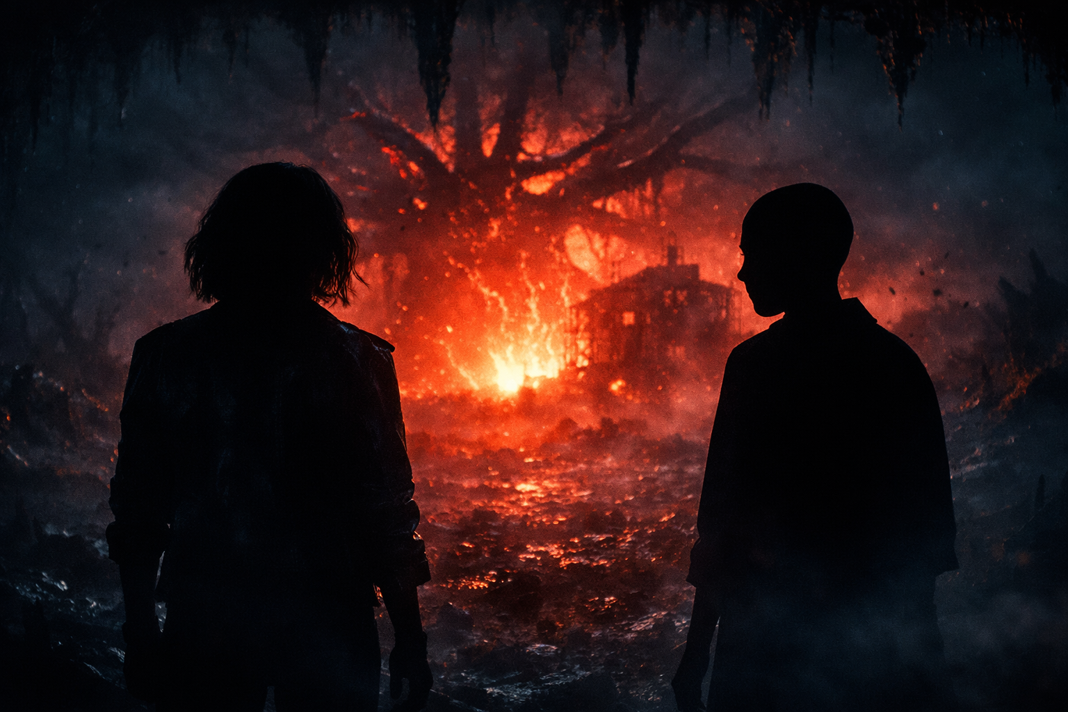 stranger things season 5 eleven and kali silhouette in the upside down finale scene