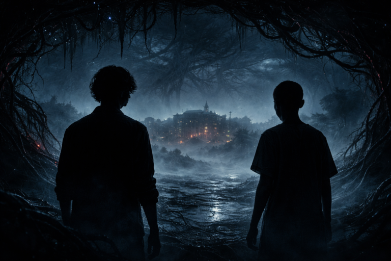 dark upside down parallel world silhouette with vines and hawkins stranger things