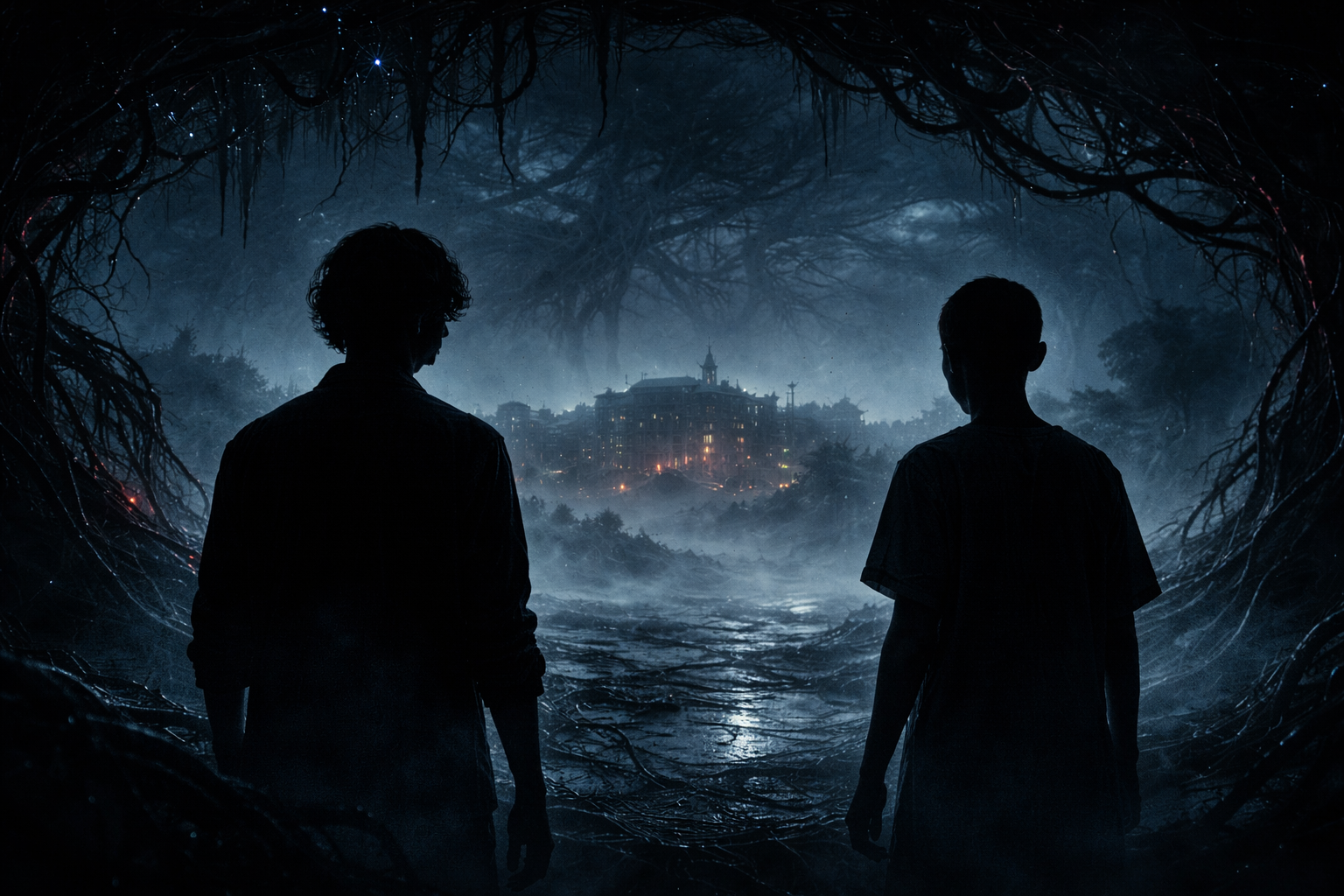 dark upside down parallel world silhouette with vines and hawkins stranger things