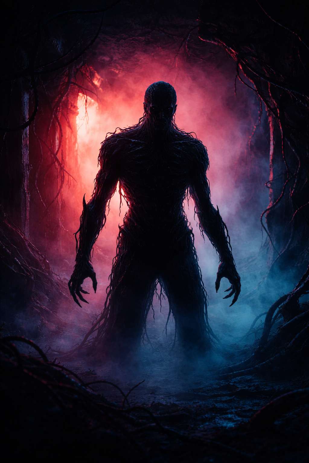 Dark supernatural villain silhouette in a red and blue sci-fi horror environment inspired by Stranger Things