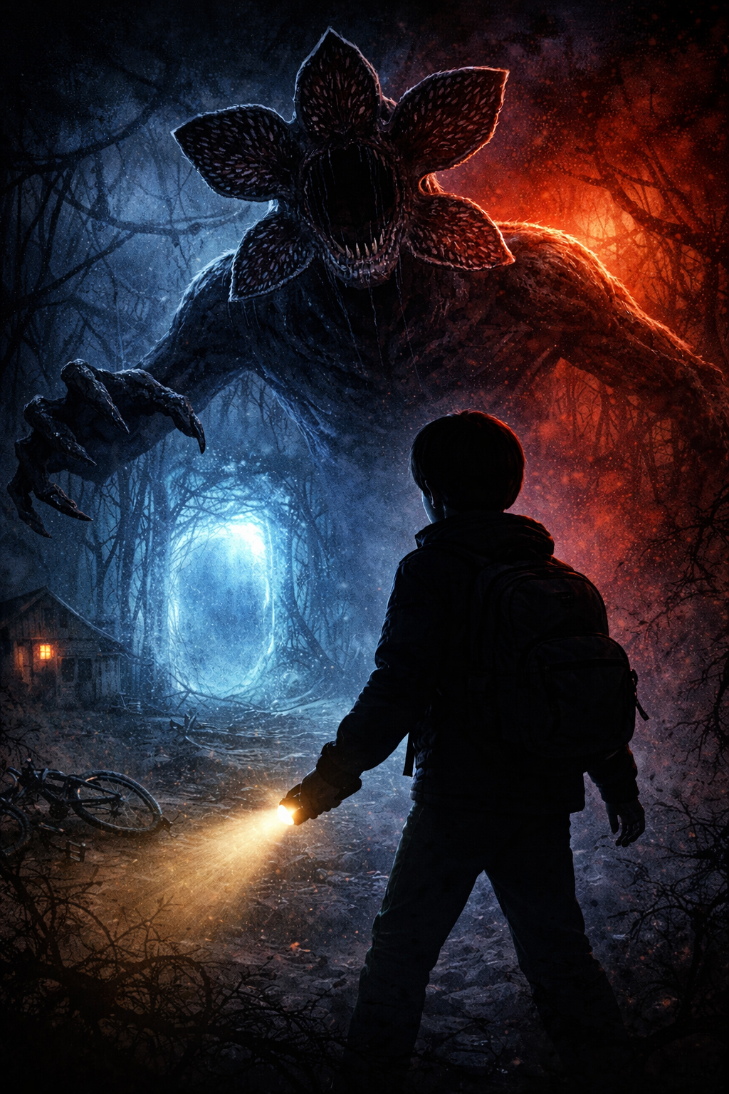 Silhouette of a boy facing a Demogorgon-like monster near a glowing portal in a dark forest, inspired by Stranger Things Upside Down scene