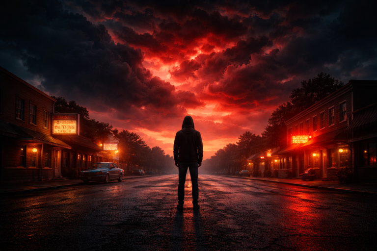 Dark 1980s small-town street under red stormy sky symbolizing the mystery and atmosphere of Stranger Things