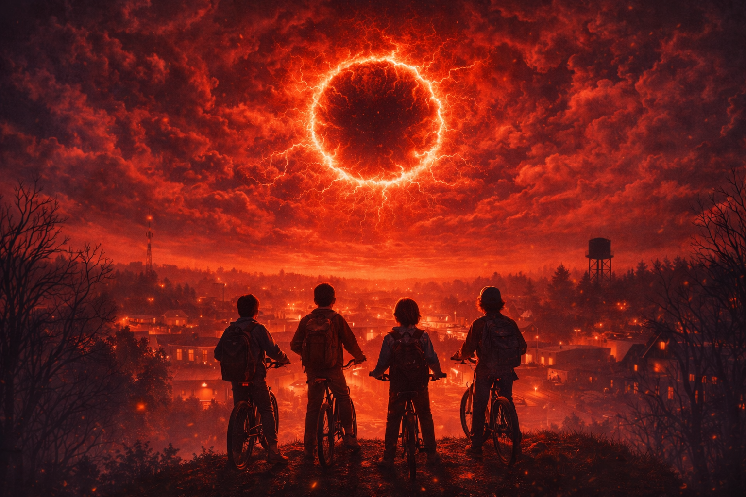 Mysterious 80s small town with kids on bikes silhouettes under a red sky portal