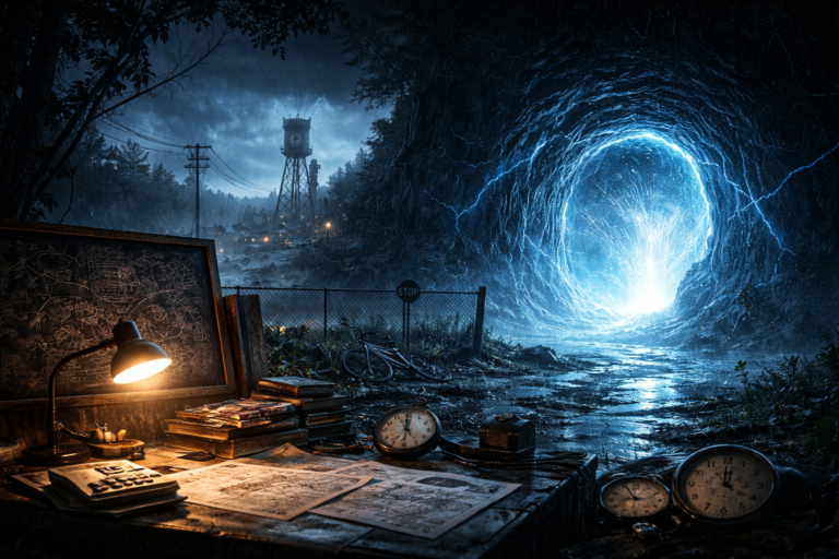 Cinematic dark sci-fi cave portal with glowing light, clocks and diagrams symbolizing time travel and parallel worlds, no characters