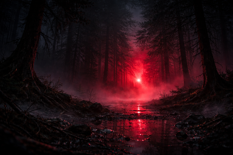 Dark misty forest at night with glowing red light in the distance and cinematic sci-fi atmosphere