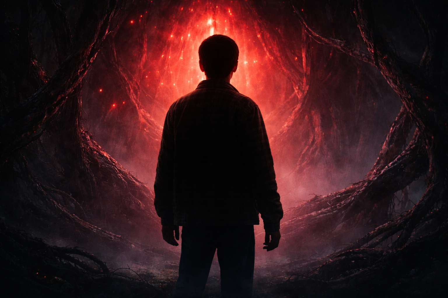 Silhouette of a teenage boy facing a red glowing portal in a dark forest, inspired by Stranger Things Season 5