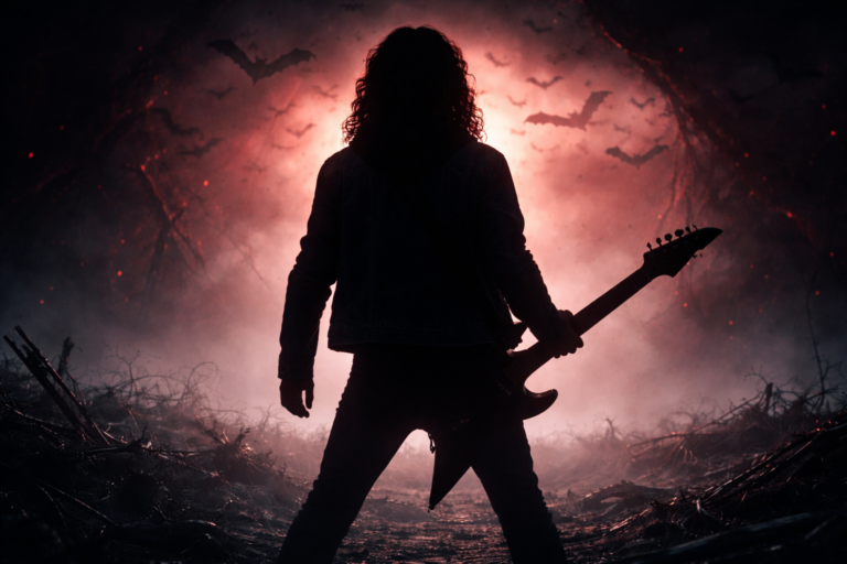 Silhouette of a guitarist standing in a dark portal environment inspired by Stranger Things