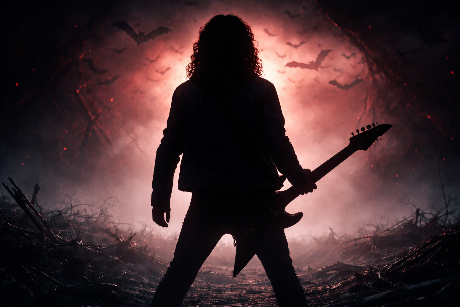 Silhouette of a guitarist standing in a dark portal environment inspired by Stranger Things