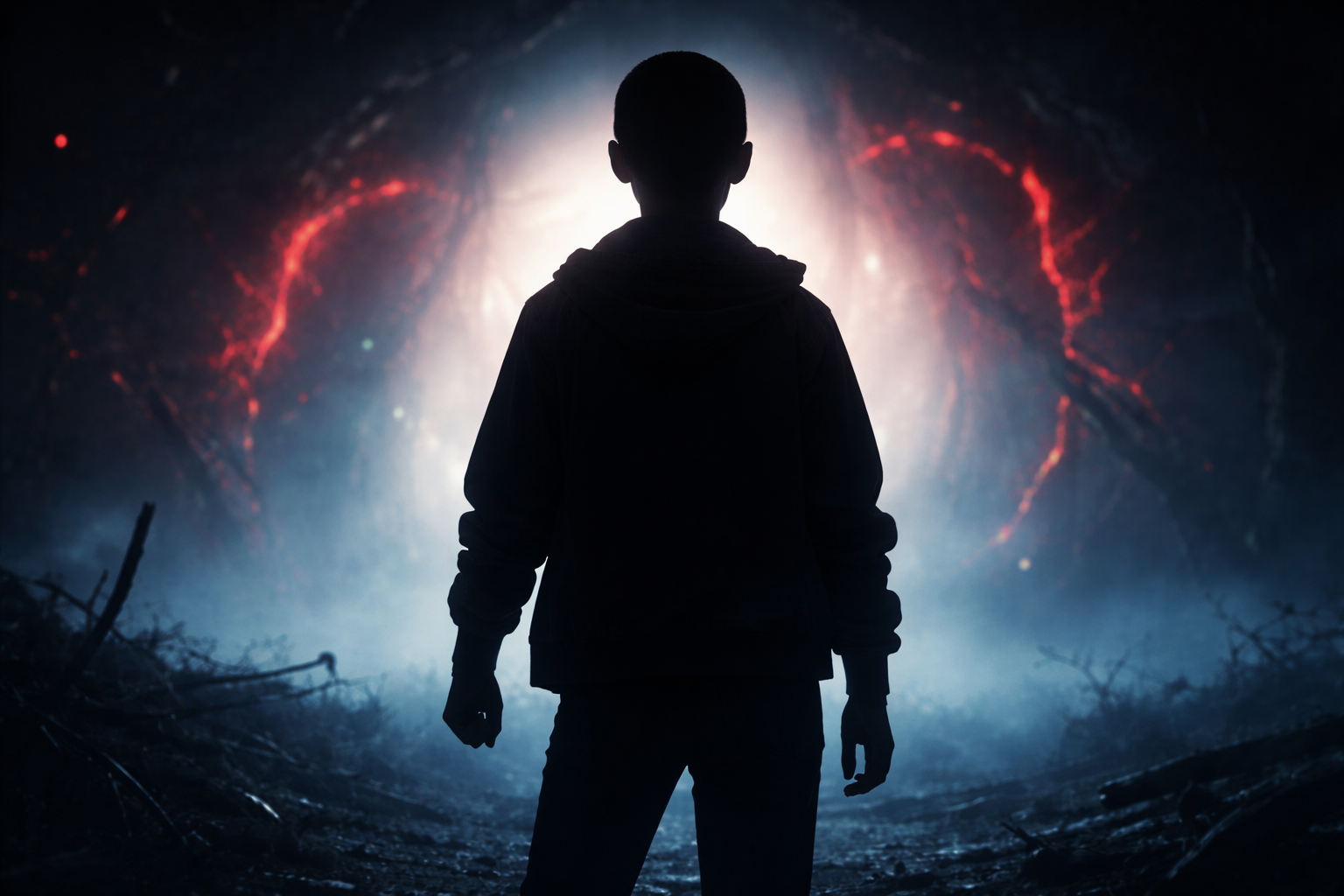 Silhouette of a girl standing in front of a glowing portal inspired by Stranger Things