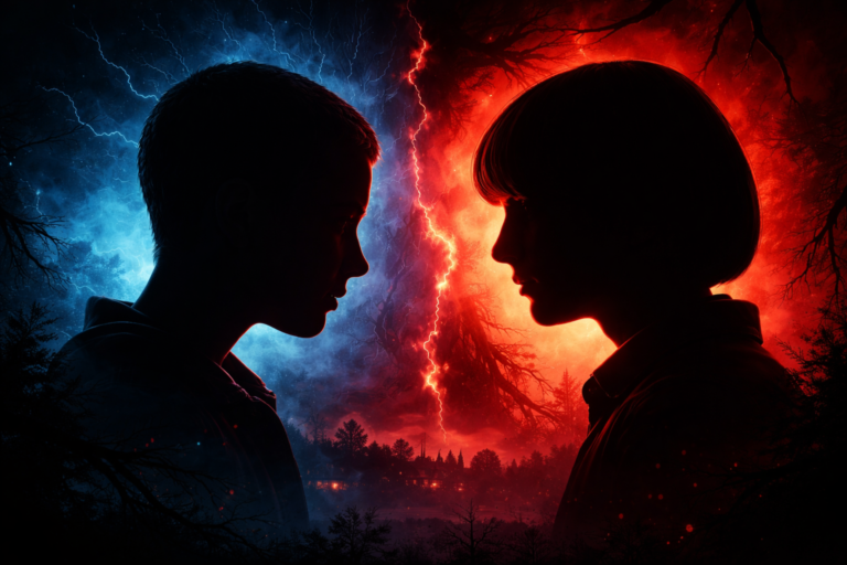 Silhouette comparison of Eleven and Will from Stranger Things with Upside Down background