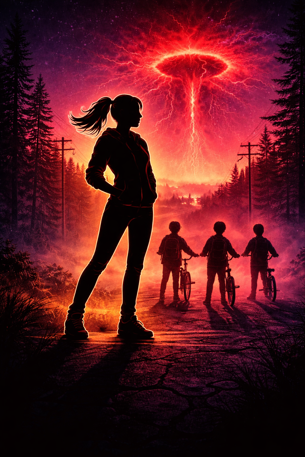 Silhouette of Max Mayfield facing the Upside Down portal with kids on bikes, Stranger Things inspired fan
