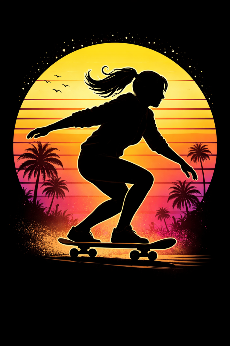 Max Mayfield inspired silhouette riding a skateboard at sunset, Stranger Things style fan art
