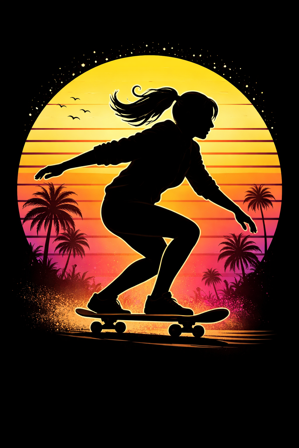 Max Mayfield inspired silhouette riding a skateboard at sunset, Stranger Things style fan art