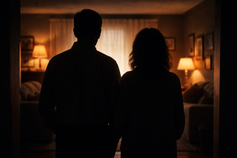 Silhouette of a middle-aged couple standing in a softly lit living room