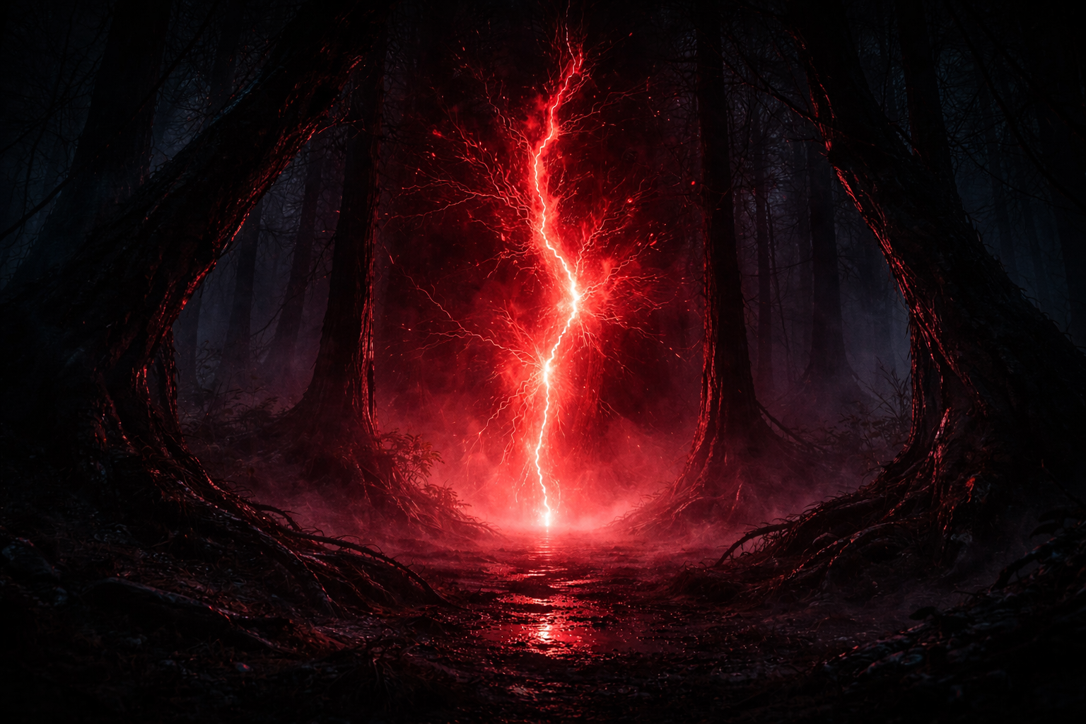 Dark forest at night with glowing red energy crack and mist, cinematic sci-fi atmosphere