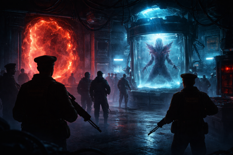 Silhouettes of soldiers and scientists studying a creature near an Upside Down portal