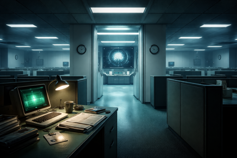 Minimalist corporate office interior with cubicles and glowing control room, psychological sci-fi atmosphere, no characters