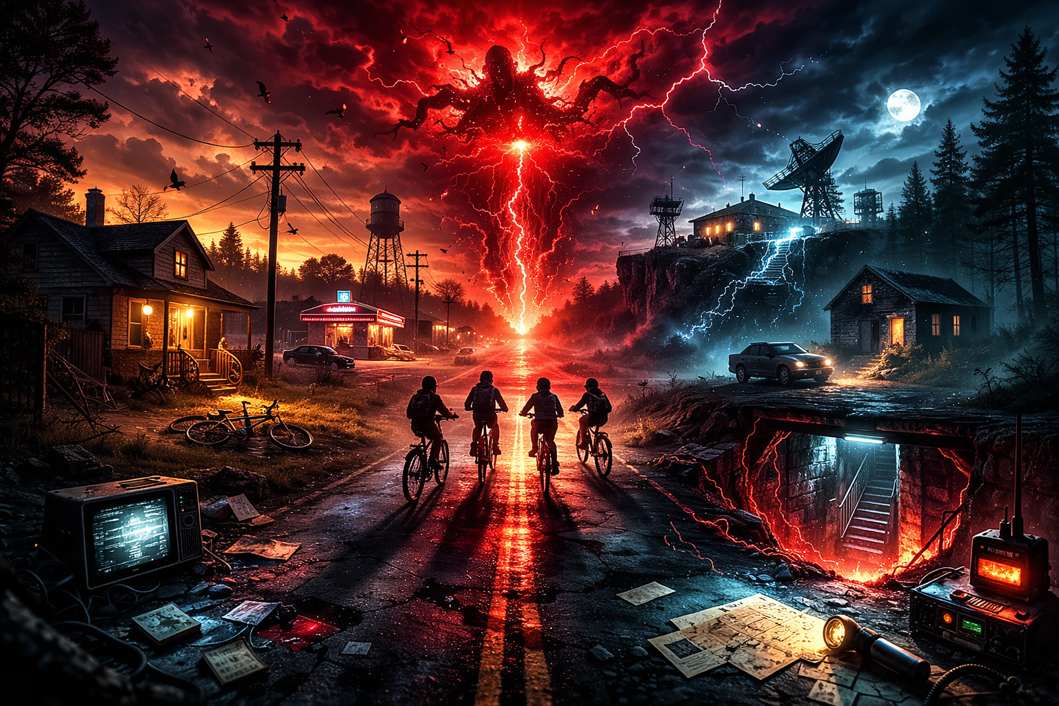 Cinematic dark sci-fi landscape with glowing red and blue sky rift above a small town, mysterious atmosphere and supernatural lighting, no characters, widescreen 16:9