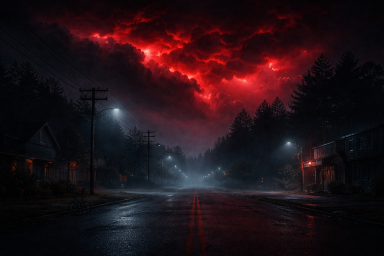 Cinematic 1980s small-town street at night with red storm clouds and fog, mysterious sci-fi atmosphere