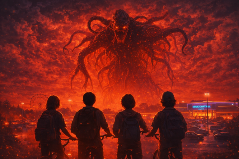 Mysterious red sky above a small town mall with kids silhouettes inspired by Stranger Things Season 3
