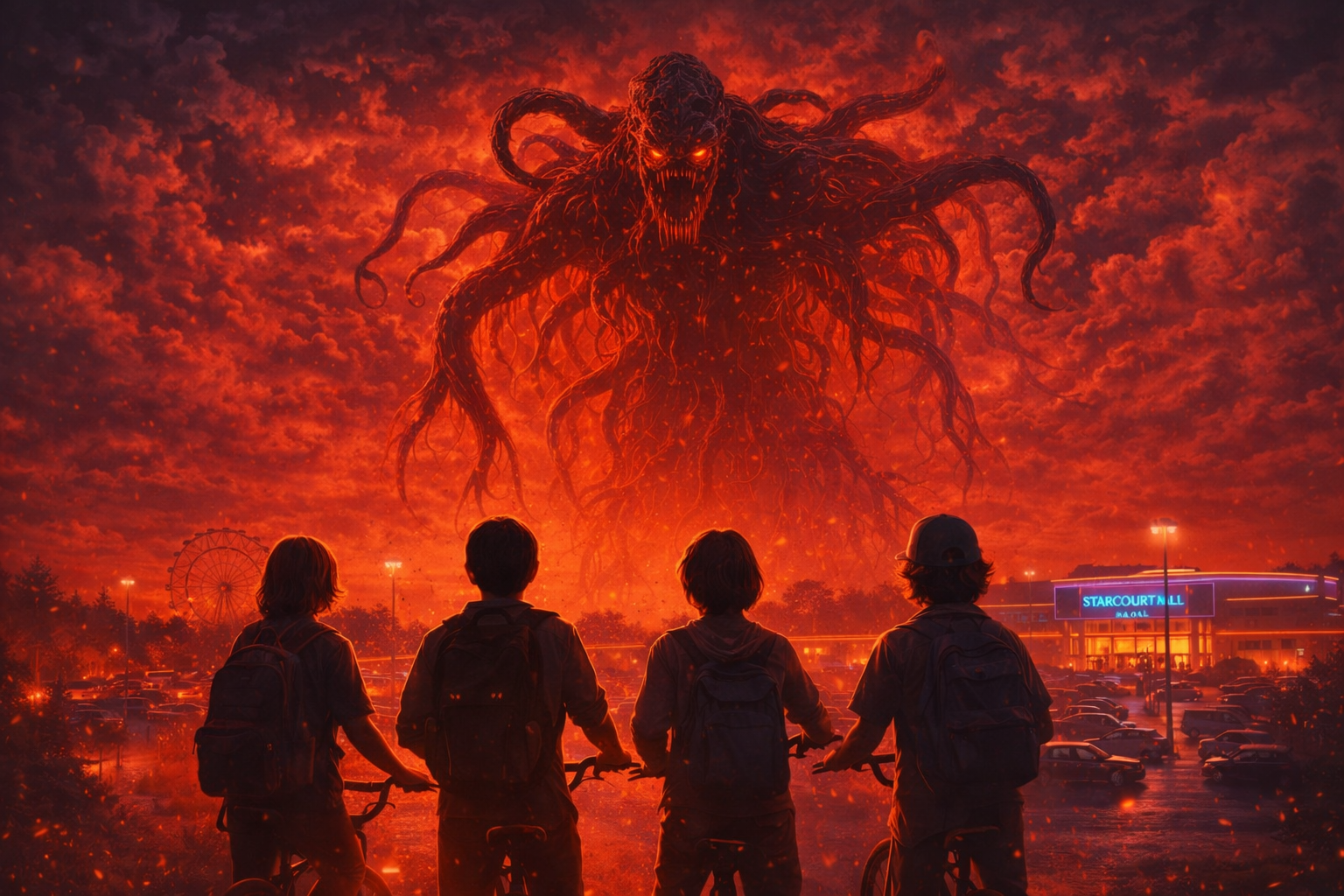 Mysterious red sky above a small town mall with kids silhouettes inspired by Stranger Things Season 3