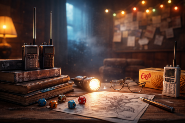 1980s inspired mystery scene with walkie talkies, dice and maps symbolizing the story behind Stranger Things