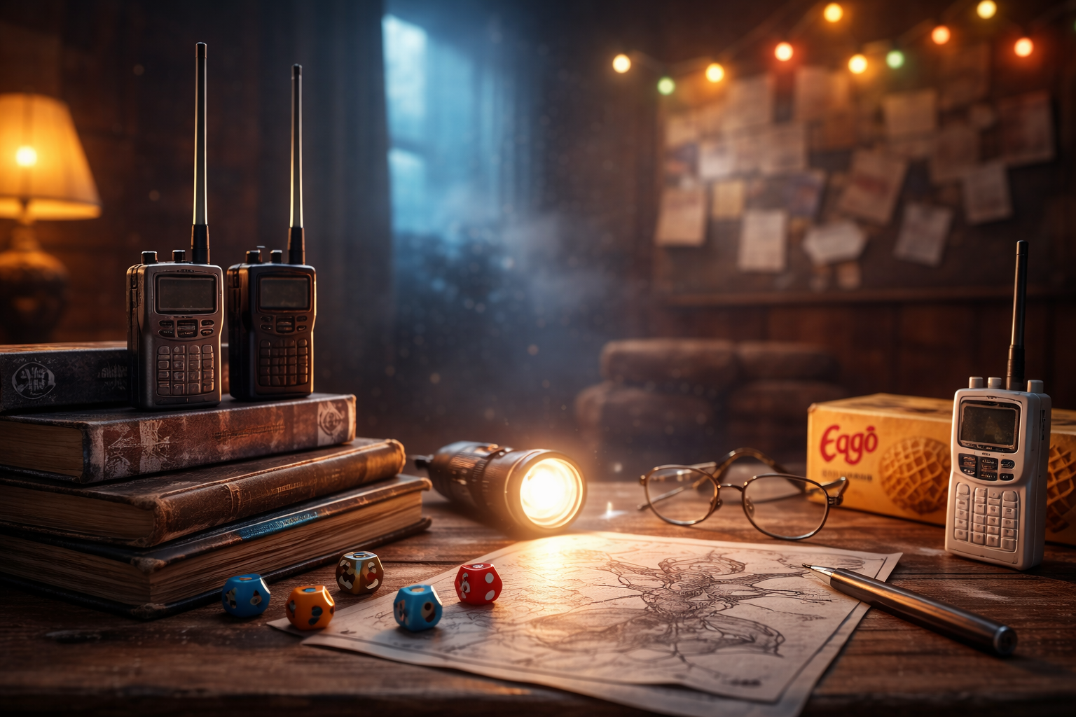 1980s inspired mystery scene with walkie talkies, dice and maps symbolizing the story behind Stranger Things