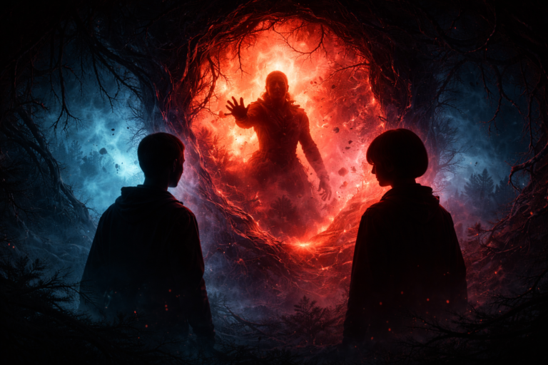 Silhouettes facing a portal to the Upside Down in Stranger Things