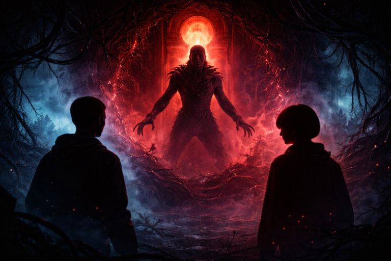 Silhouette of Vecna confronting two characters in the Upside Down