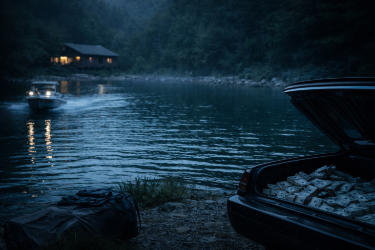 Dark lakeside money laundering scene inspired by Ozark Netflix crime drama