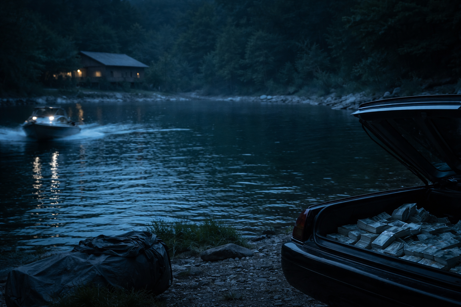 Dark lakeside scene inspired by Ozark Netflix series with money laundering atmosphere