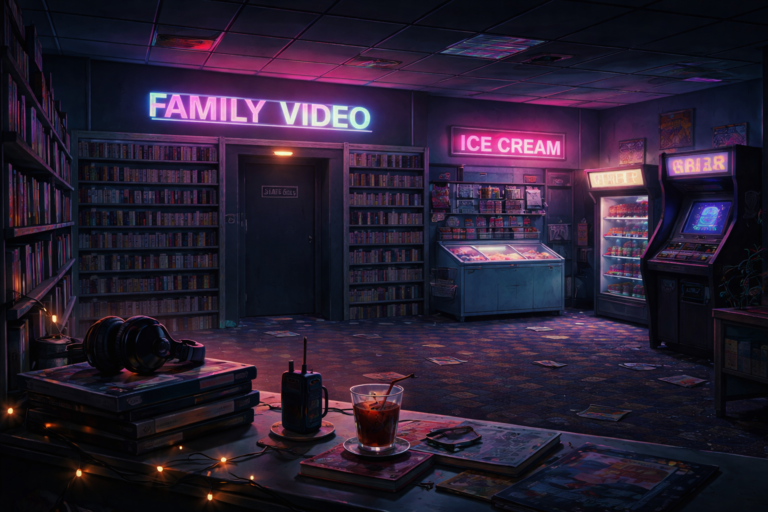 retro 1980s video rental store neon lights arcade machines stranger things inspired atmosphere