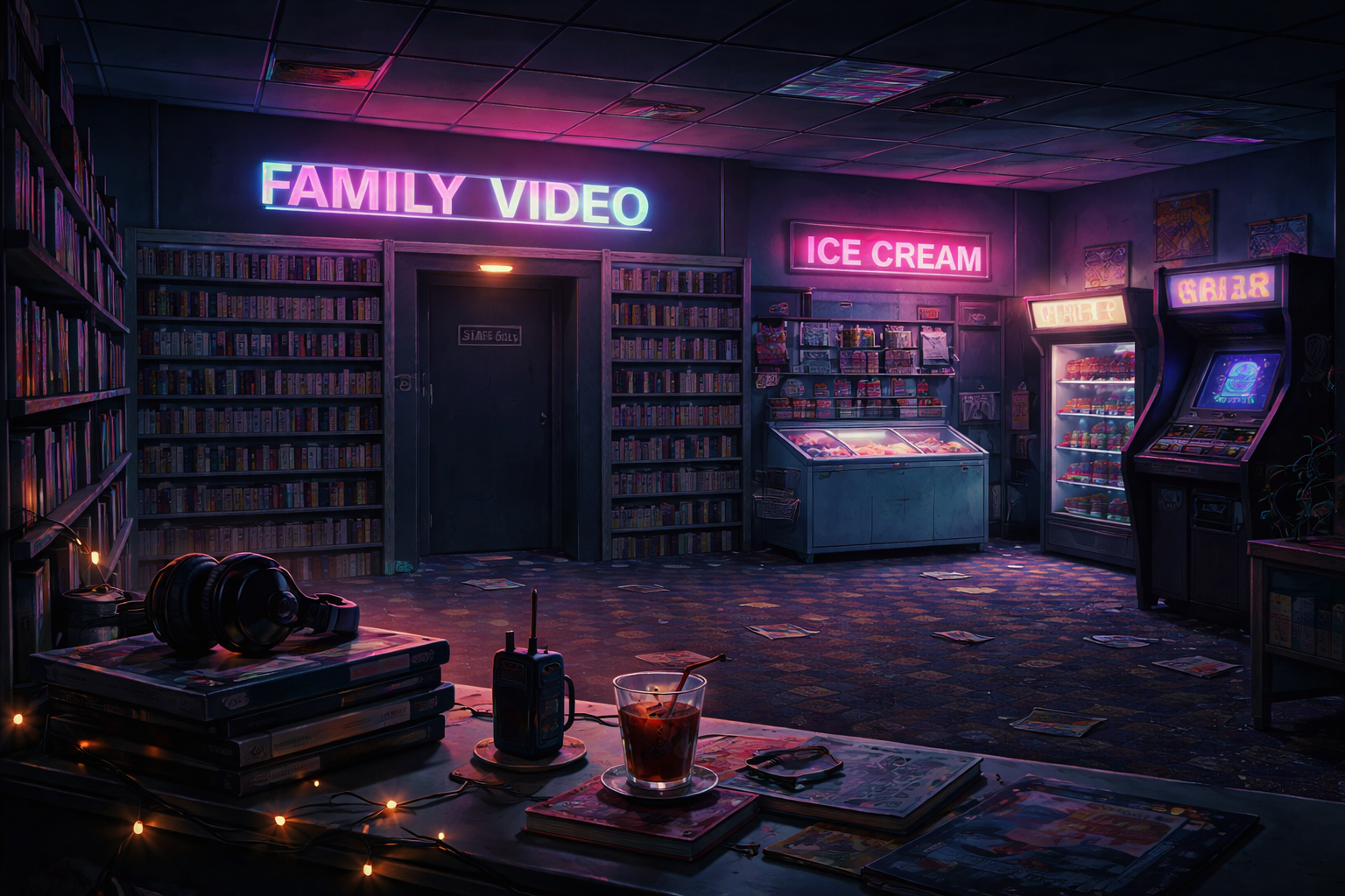 retro 1980s video rental store neon lights arcade machines stranger things inspired atmosphere