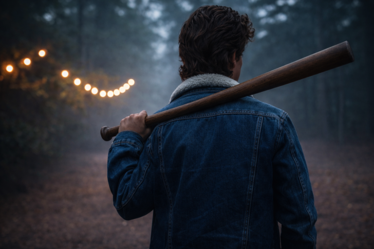 mysterious character holding a bat in the forest inspired by stranger things style scene