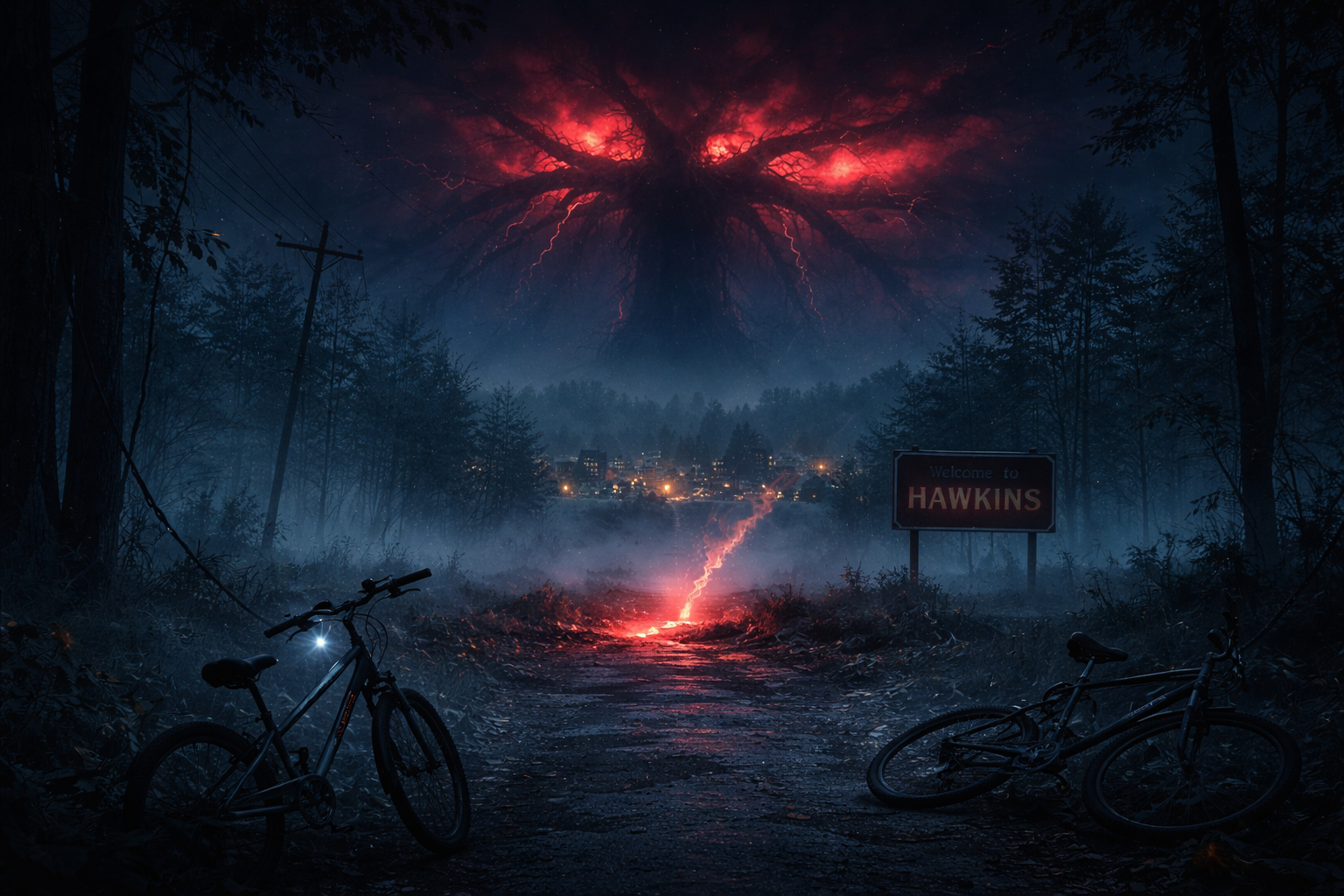 dark upside down dimension over hawkins town stranger things inspired scene