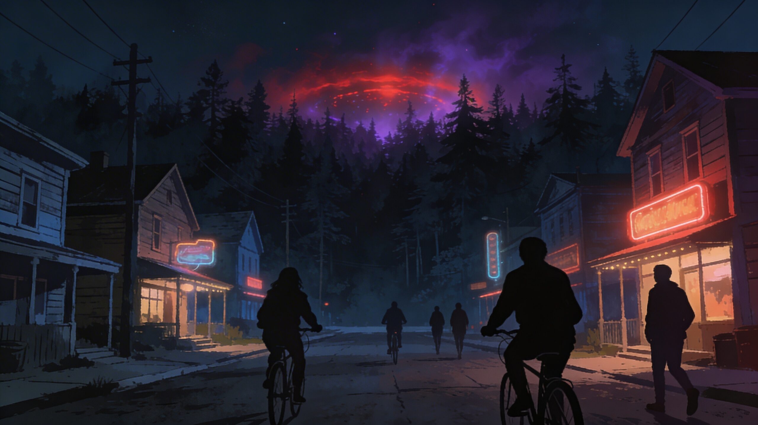 Nighttime small town street leading toward a dark glowing forest, with silhouettes of people heading into the woods