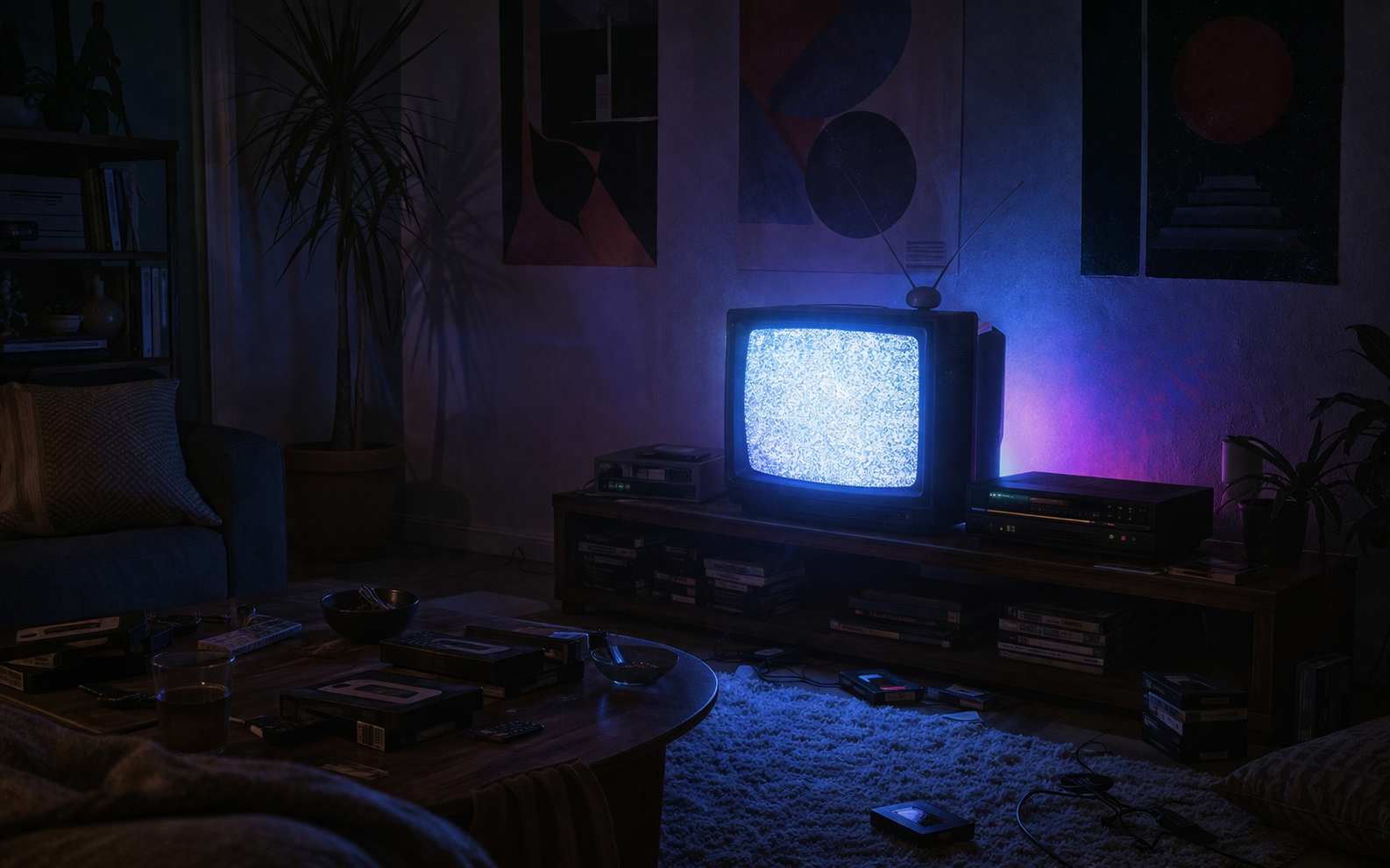 Dark retro room lit only by an old CRT TV, scattered VHS tapes, cozy but eerie 1980s atmosphere, no people or logos