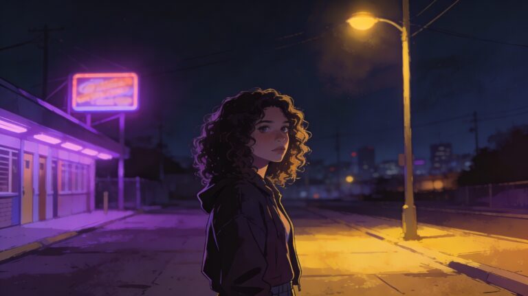 Young woman standing alone at night in neon purple and yellow light, evoking the darker tone of Euphoria season 3