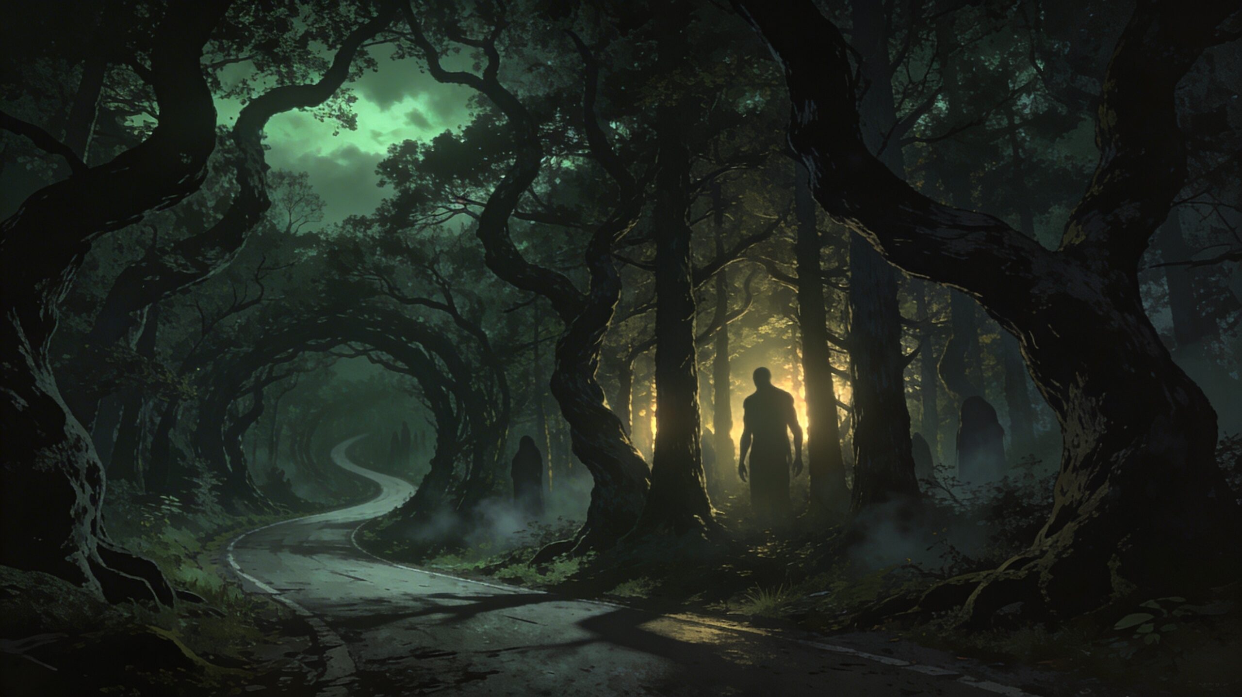 Dark looping forest road at night with eerie silhouettes between twisted trees, inspired by the horror series From
