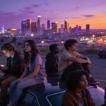 Group of teenagers sitting on a car at dusk overlooking a city, in a moody neon-lit scene inspired by Euphoria