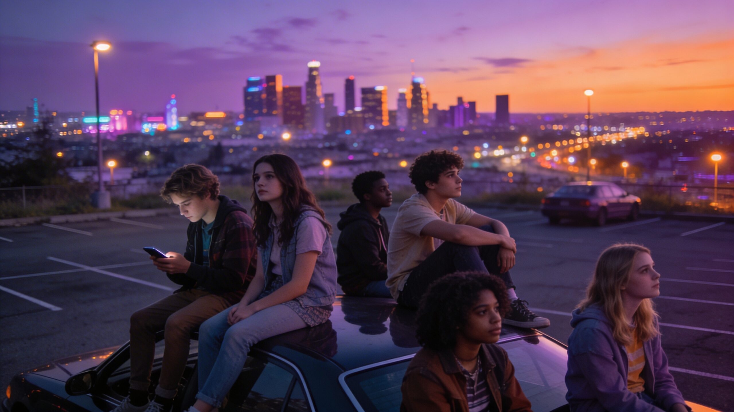 Group of teenagers sitting on a car at dusk overlooking a city, in a moody neon-lit scene inspired by Euphoria
