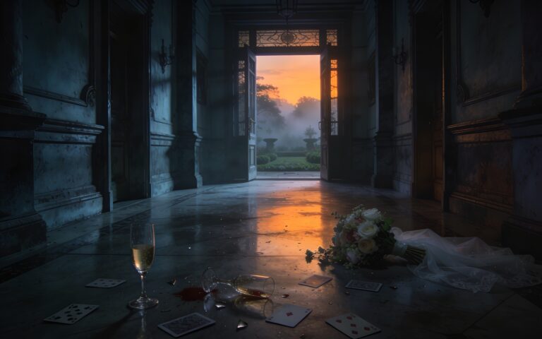Moody empty mansion hallway with scattered playing cards and bridal bouquet leading to a misty garden at sunrise, cinematic horror atmosphere
