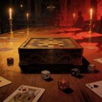 Sinister board game box on a long wooden table in a dark mansion dining room, hinting at a deadly horror ritual